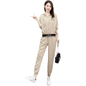 雪纺醋酸透气休闲女洋气短袖时尚气质夏束脚宽松裤运动潮,女装运动套装,一安秀