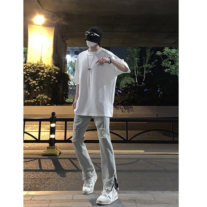 B221美式ins高街暗黑拉链小脚弹力破洞牛仔裤LK23060-P65控88,男装牛仔裤,电商B221