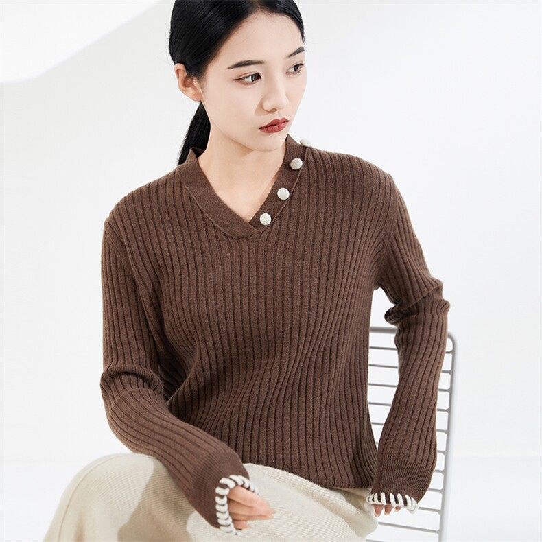 鄂家同款纯山山女宽松勾边v领抽条套头打底针织衫,女装羊毛衫,奢优羊绒