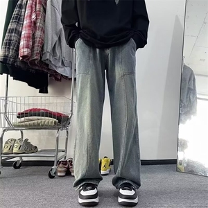 牛仔裤男秋季设计感小众拉链直筒休闲长裤美式复古微喇叭裤子图片