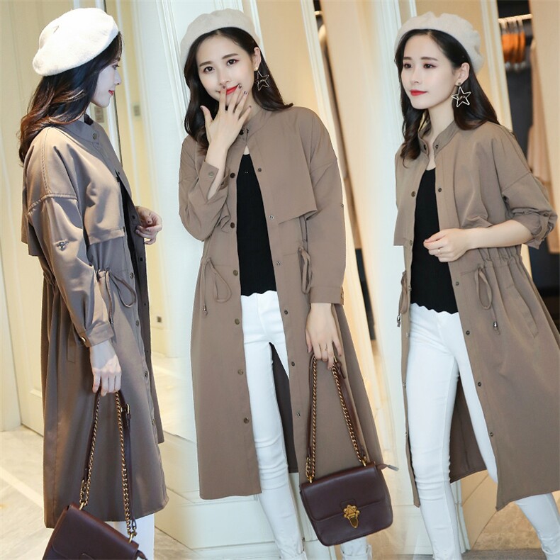 长袖中长款修身2021年春季纯色风衣显瘦个性简约百搭，女装风衣，尚洛菲