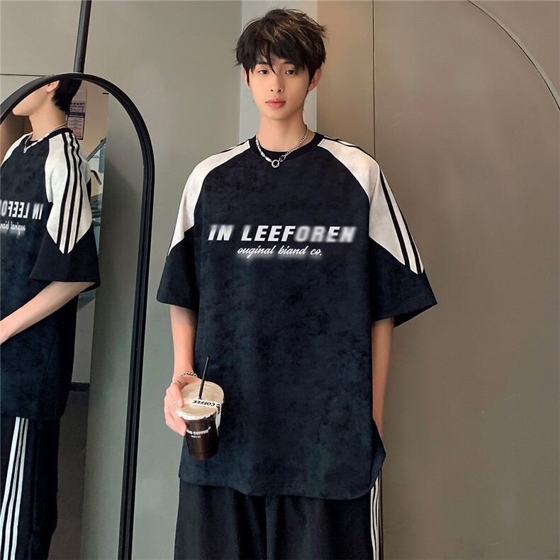撞色拼接高级百搭休闲男女同款街头时尚潮牌短袖T恤T335-P35,男装T恤,电商C307