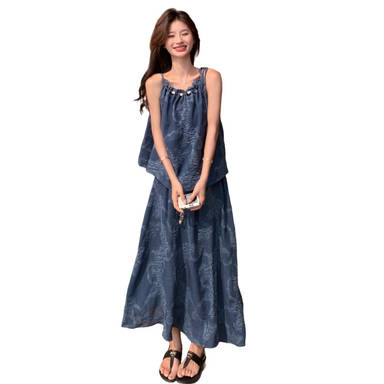 复古度假风简约套装女2025夏季新款休闲显瘦气质吊带半身裙两件套,女装套装/套裙,2C057