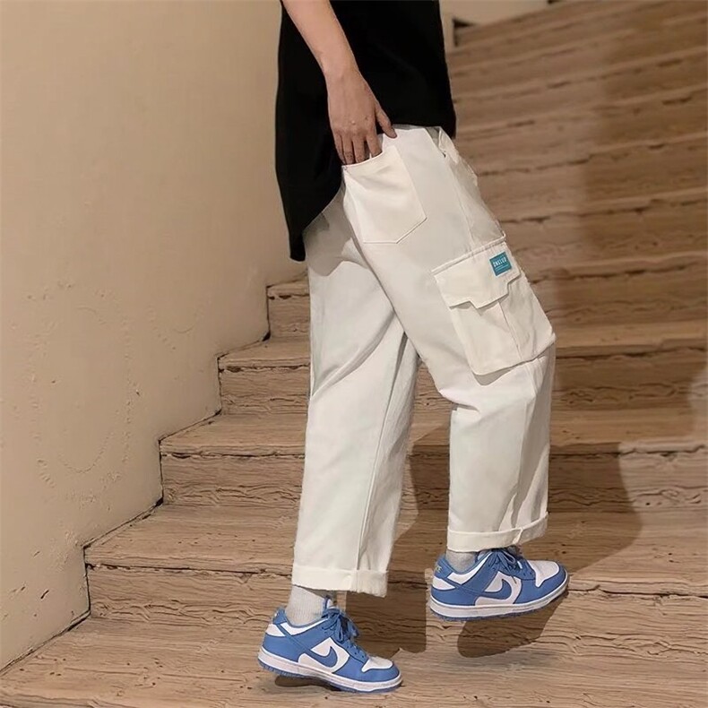 多口袋白色工装裤男潮牌ins港风休闲九分裤子高街机能抽绳阔腿裤,男装工装外套,星座1210-1