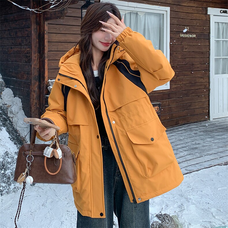 韩版时尚桔色加厚羽绒服冲锋衣女2025冬季新款显瘦保暖白鸭绒外套,女装羽绒服,纯色衣恋