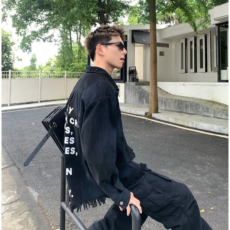 美式潮牌oversize休闲后背字母牛仔外套男女款流苏毛边情侣装夹克,男装工装外套,四季星座505
