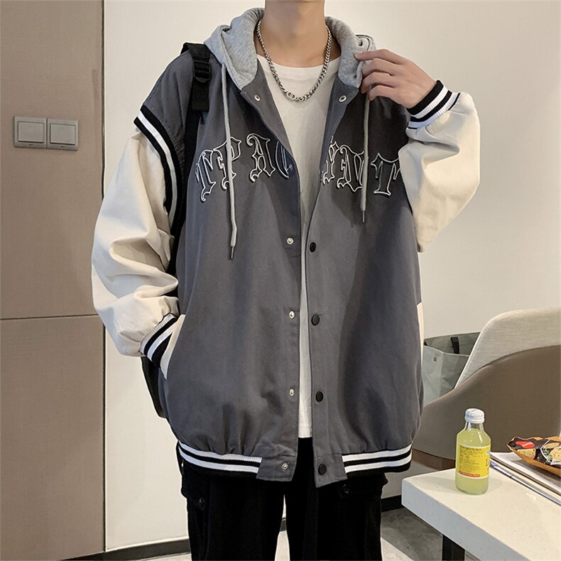 春秋潮牌宽松ins高街情侣上衣连帽拼接棒球服夹克男 W5417-P60图片