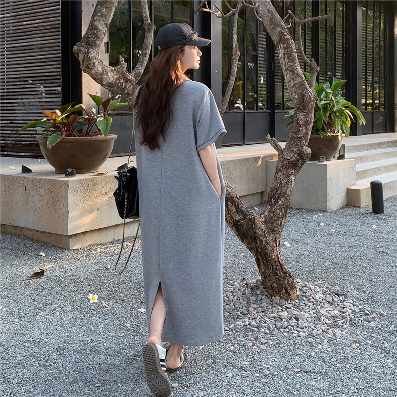印花翻领短袖连衣裙女2025夏季韩系慵懒风气质宽松显瘦直筒长裙,女装连衣裙,2C113