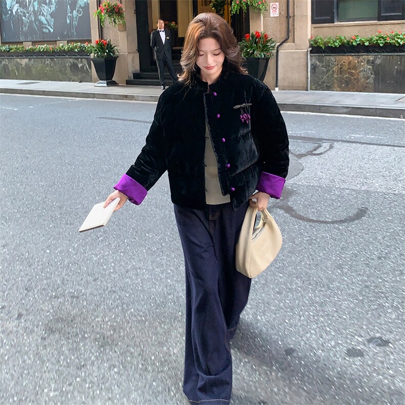 现货！（90新标带检）丝绒料新中式短款立领加厚保暖气质羽绒服女,女装羽绒服,衣秀之家