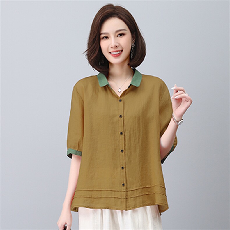 苎麻衬衫女2025新款夏季短袖衬衣小个子中年妈妈小衫气质显瘦上衣,女装衬衫,悦见她