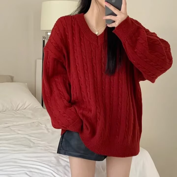 复古男女秋冬针织外套宽松V领加厚凤凰绒酒红色毛衣V18-P49网图图片