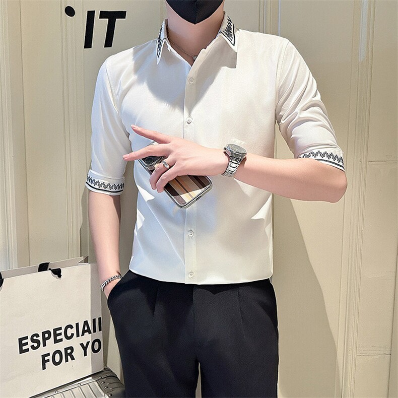店主风社会小伙男绣花七分袖衬衫男潮流休闲衬衣301A-1/CS567/P55,男装衬衫,星座301A-1