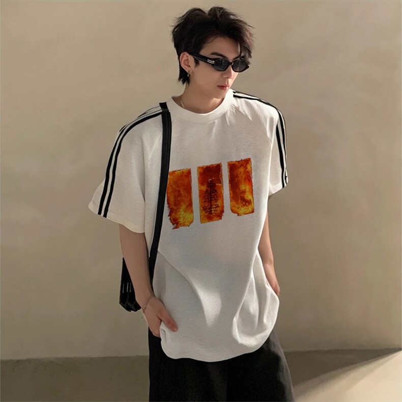 抖音得物高品质二开240克宽松纯棉美式潮牌三条杠织带短袖T恤,男装T恤,电商A486-1