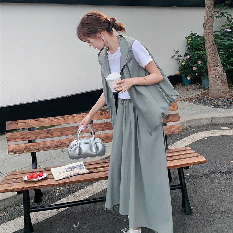 韩版休闲三件套装女夏季2025新款时尚连帽马甲不规则半身裙套装裙,女装套装/套裙,辉之琳