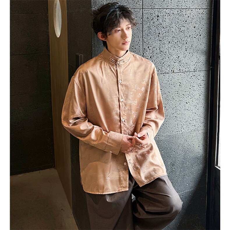 现货男士提花立领盘扣衬衫新中式特色长袖CS01-P75控98,男装衬衫,电商A021