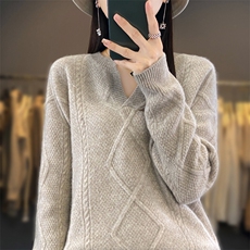 2025年秋季新款百搭菱形长袖V领羊毛衫，女装羊毛衫，春贝羊绒