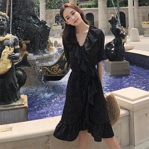 简约个性拼色中长款短袖连衣裙2021年夏季时尚潮流舒适图片