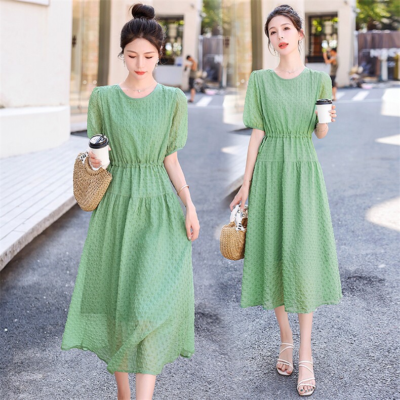 现货新款2023年夏季气质韩版简约短袖圆领抽绳连衣裙，女装连衣裙，盈茜