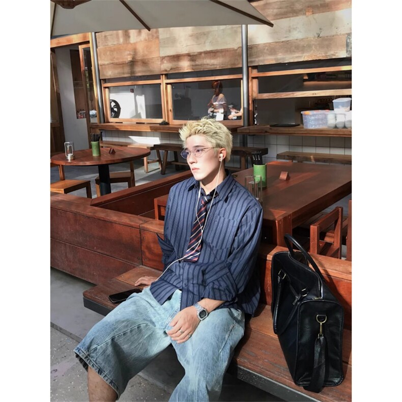 JOYZONE日系覆古竖条纹衬衫男春秋宽松休闲百搭长袖衬衣外套潮流,男装衬衫,星座1210-1