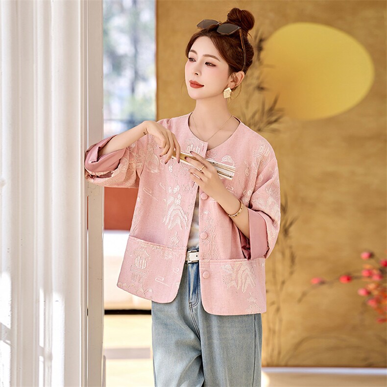 新中式重工刺绣圆领短外套女2025春季新款小香风百搭休闲气质上衣,女装短外套,牡丹诺