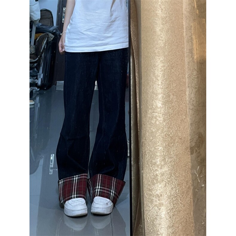 【网图有货】美式格子拼接卷边牛仔裤男女阔腿裤子NZ011CC-特P48,男装牛仔裤,星座1007（原301D）