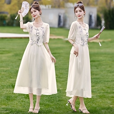 新中式国风连衣裙女装2024新款夏季高级感小个子气质名媛盘扣裙子，女装连衣裙，魅丽静蓝