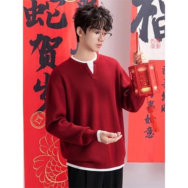 网图76323-特P65新年红色假两件V领毛线衣男本命年内搭针织衫图片