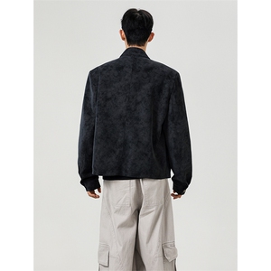 JK9922-P75控128 秋季老钱风短款宽松夹克外套男潮牌扎染垫肩皮衣图片