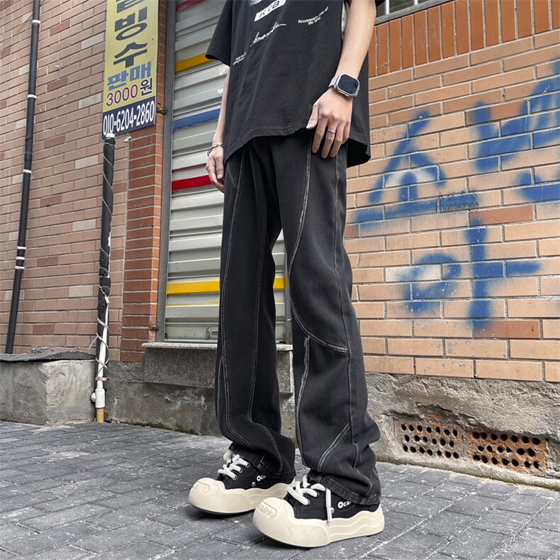 拼接牛仔裤男高街直筒宽松设计感小众潮牌炸街裤子K790特批45,男装休闲裤,星座718-1