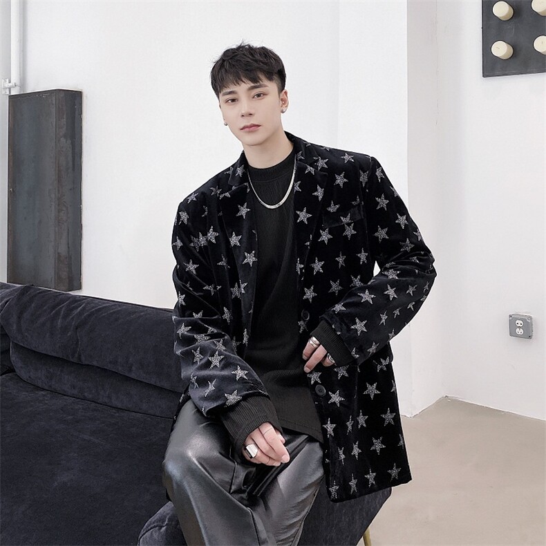 时髦个性加厚丝绒烫钻闪亮星星舞台装发型师潮流西服9970图片