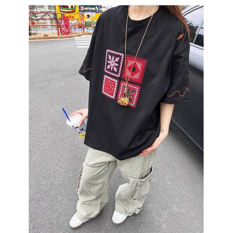 H0805-P38贴布刺绣设计感小众短袖t恤夏季宽松上衣,女装T恤,星座617A-2