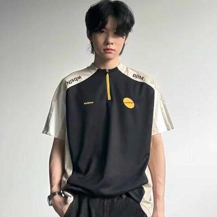 半拉链撞色凉感t恤男女夏季薄款户外运动训练服球衣防晒速干短袖图片