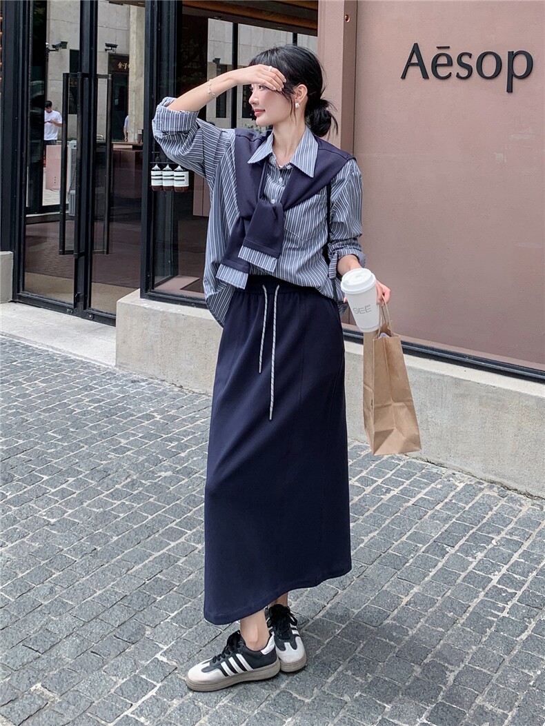韩系早秋穿搭上衣半身裙套装女2025新款松弛感披肩条纹衬衫三件套,女装套装/套裙,慧尚依恋