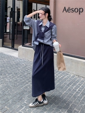 韩系早秋穿搭上衣半身裙套装女2025新款松弛感披肩条纹衬衫三件套，女装套装/套裙，慧尚依恋