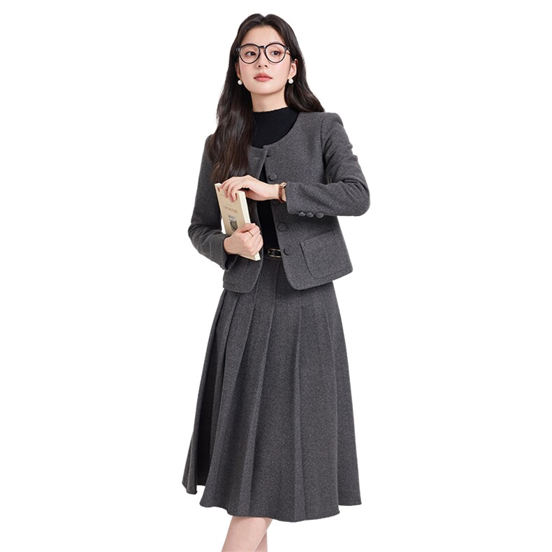 2025秋冬新款气质加厚保暖毛呢圆领小个子短外套百褶裙两件套女,女装套装/套裙,时尚风爆
