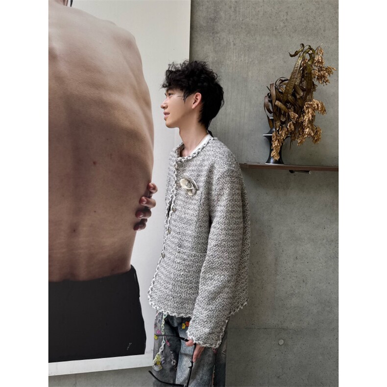 C316JK8353P138玫瑰花设计孙恩盛同款小香风无领夹克短款外套,男装夹克,电商C316
