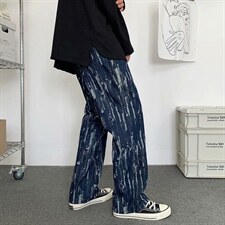 街头复古做旧嘻哈牛仔裤INS暗黑嘻哈扎染宽松长裤直筒裤NK155-p45，男装牛仔裤，星座1008-1