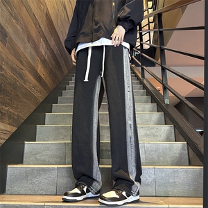 美式vintage撞色牛仔裤男款秋冬季潮牌宽松高街直筒裤子图片