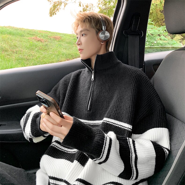 2025新款半拉链条纹高领毛衣男秋冬季男女生慵懒针织衫-控88，男装针织衫/毛衣，星座310A-3