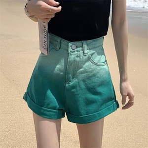 渐变磨白牛仔短裤女夏季宽松休闲百搭高腰a字卷边阔腿热裤图片