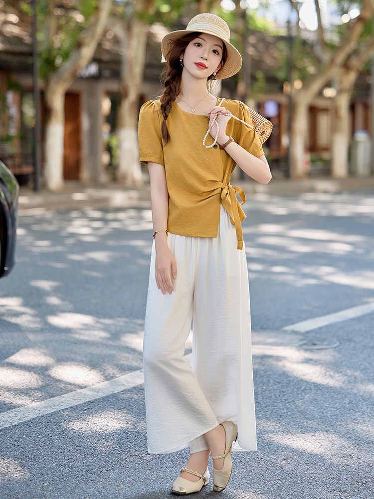 时尚休闲棉麻风套装女2025夏季新款绑带收腰短袖衬衫阔腿裤两件套,女装套装/套裙,木橙西子