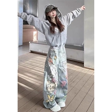 趣味猫狗手绘涂鸦牛仔裤女春秋新款高腰宽松直筒阔腿裤子N9526，男装牛仔裤，星座1116A（原606A-3）