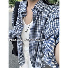 网图】B221美式ins高街暗黑宽松格子长袖衬衫SY2546-特P30控59，男装衬衫，电商B221