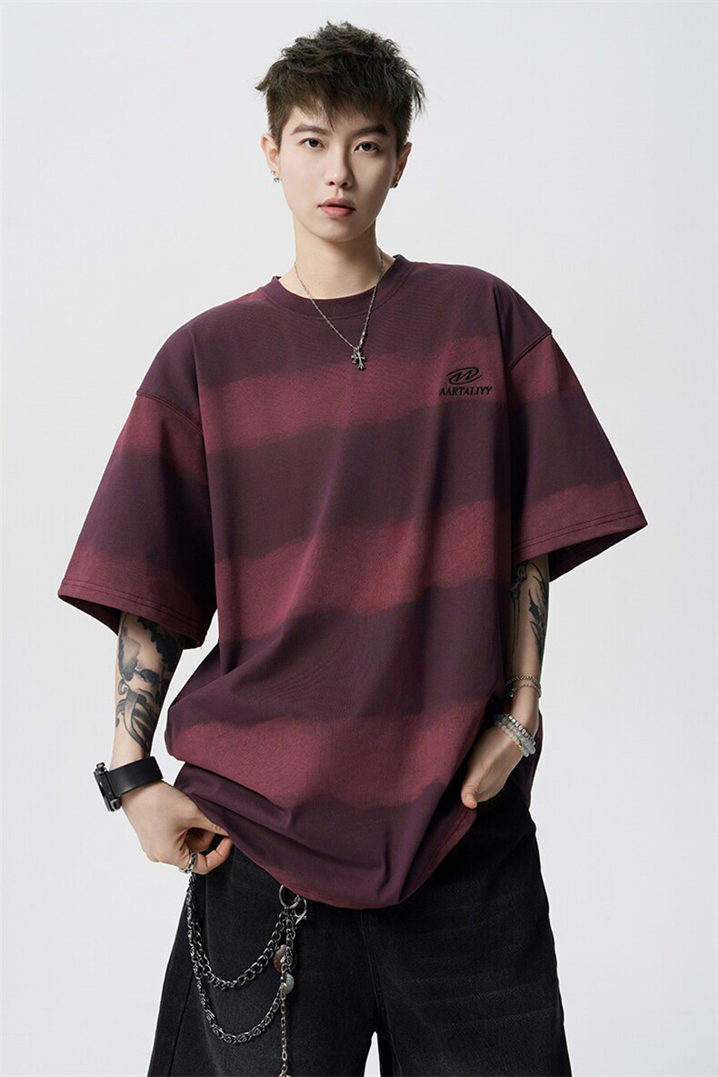 8XL-M高品质纯棉扎染条纹短袖T恤男宽松美式复古半袖情侣DX339,男装T恤,电商D206-1