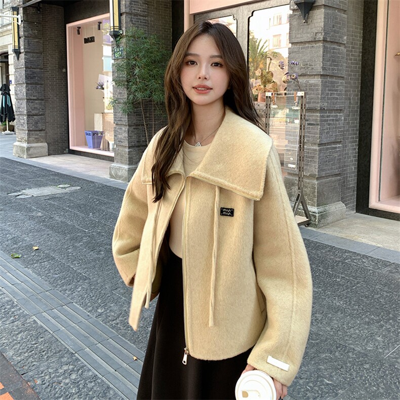 黄色翻领短款双面羊绒大衣女秋冬新款超好看减龄百搭短款毛呢外套,女装毛呢外套,2D080