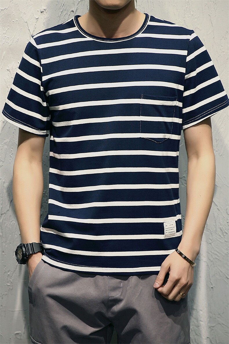 条纹短袖T恤男士夏季打底衫加大码衣服潮牌潮流宽松潮ins半袖男装,男装T恤,电商A001