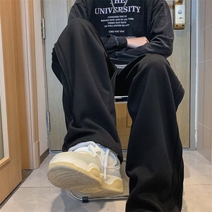 重磅加绒休闲卫裤男秋冬美式复古灰色阔腿裤子青少年垂感运动长裤图片