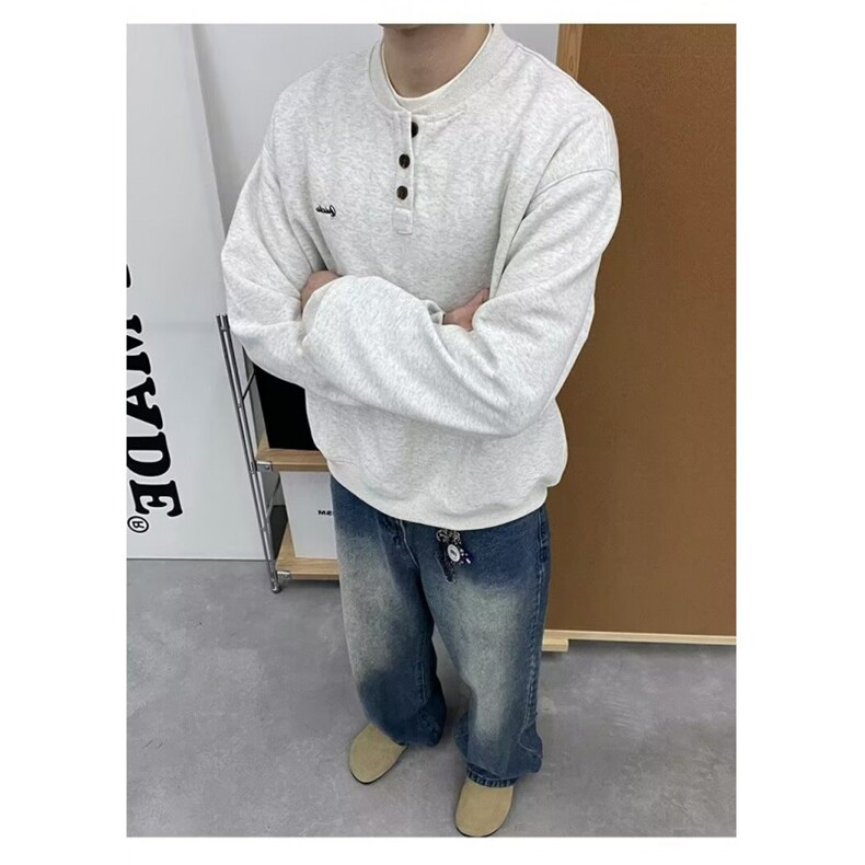 亨利领纽扣卫衣男生春秋季2025新款上衣内搭休闲宽松百搭WYW30,男装卫衣,星座516A