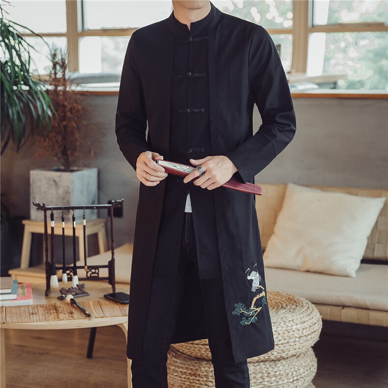 W201*2021春中国风男士中长风衣棉麻盘扣复古外套梅花*P85,男装风衣,星座1516（原B303）