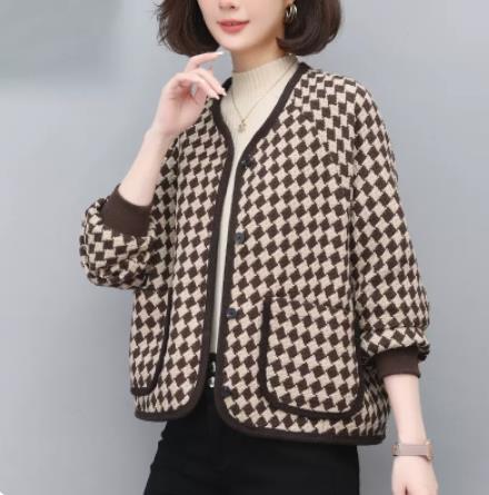 素格子外套订春季女装小个子减龄蚕定妈妈开衫上衣,针织衫/毛衣,奕阳依阁